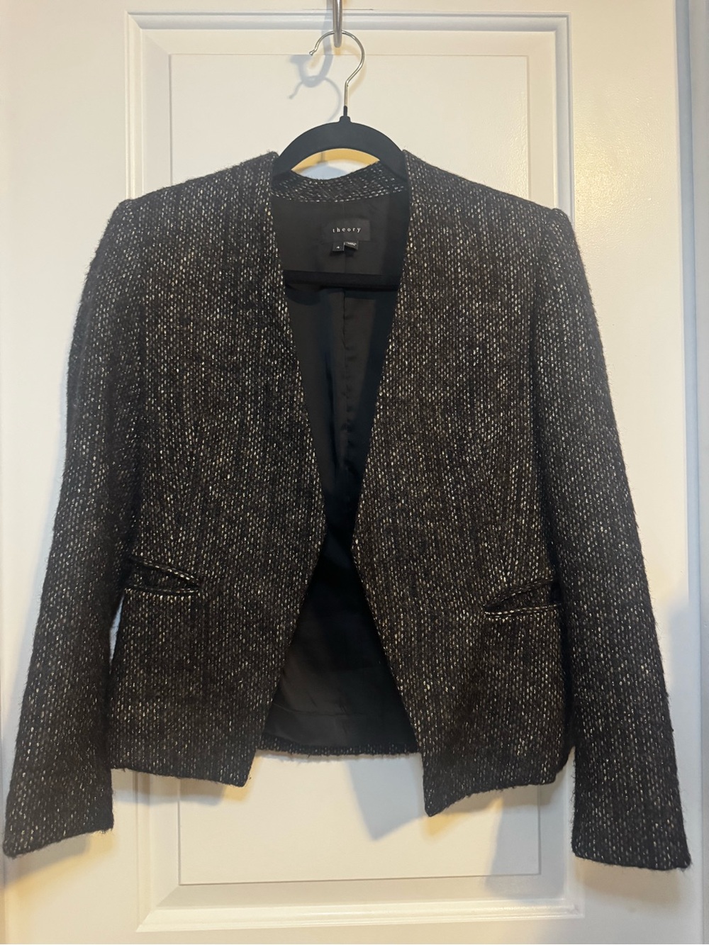 Theory Black & Gold Tweed Open-Front Lanai Blazer